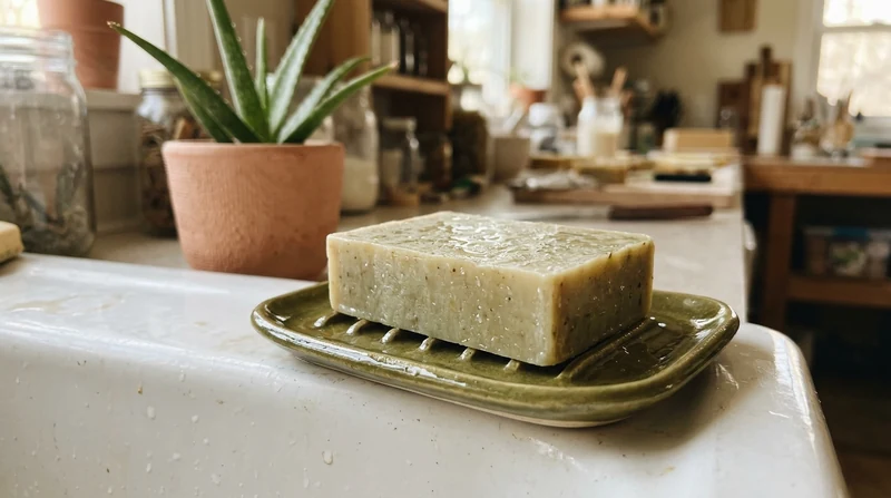 una pastilla de jabón de sábila húmeda sobre una jabonera de cerámica verde oliva al borde de un lavabo blanco, con una pequeña planta de aloe
